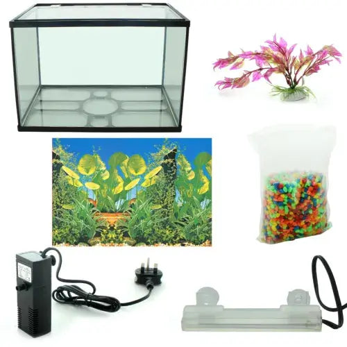 26L Glass Aquarium Fish Tank Starter Kit Set Air Filter Pump Net Stone LED Light Royalcart