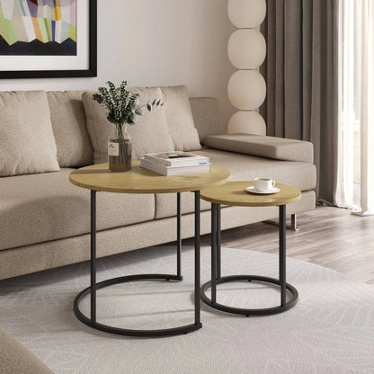 Set of 2 Nesting Tables Industrial Round Side Tables w/ Steel Frame Stacking