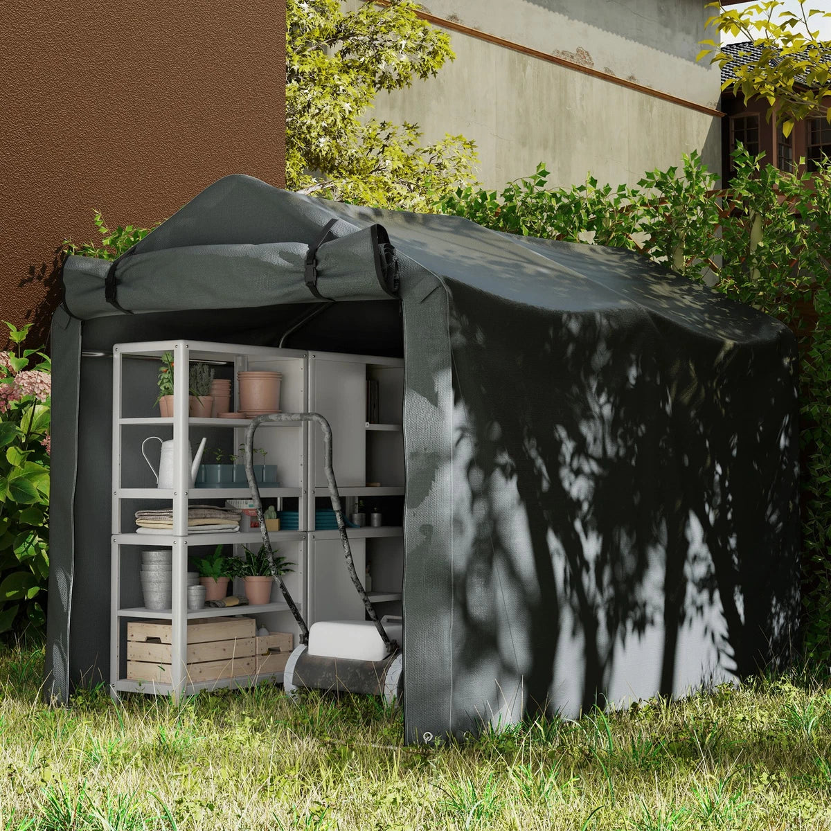 Garden Tool Storage Shed with Roll-up Zipper Door Bicycle Shed, Dark Grey
