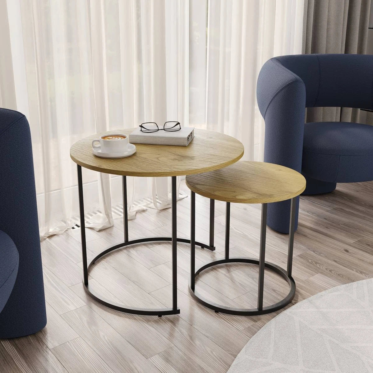 Set of 2 Nesting Tables Industrial Round Side Tables w/ Steel Frame Stacking