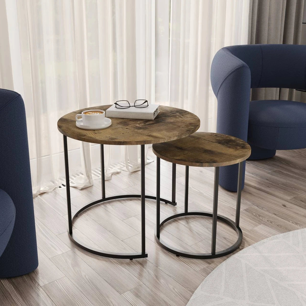 Set of 2 Nesting Tables Industrial Round Side Tables w/ Steel Frame Stacking