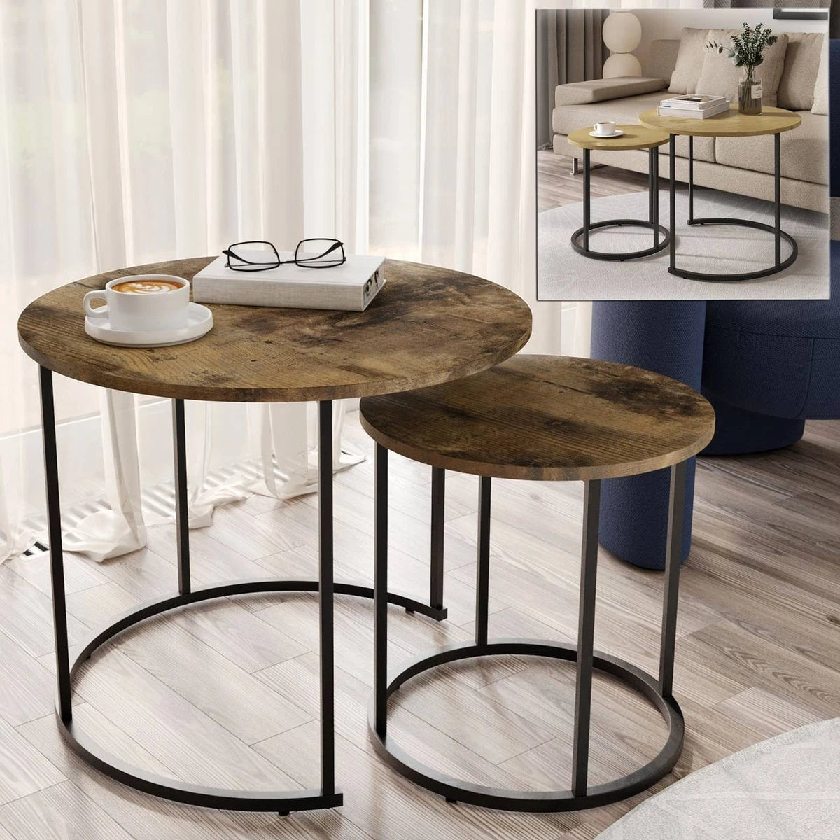 Set of 2 Nesting Tables Industrial Round Side Tables w/ Steel Frame Stacking