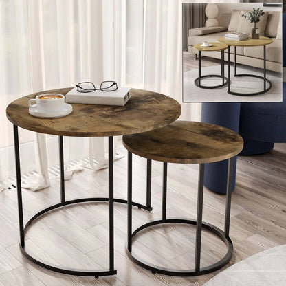 Set of 2 Nesting Tables Industrial Round Side Tables w/ Steel Frame Stacking