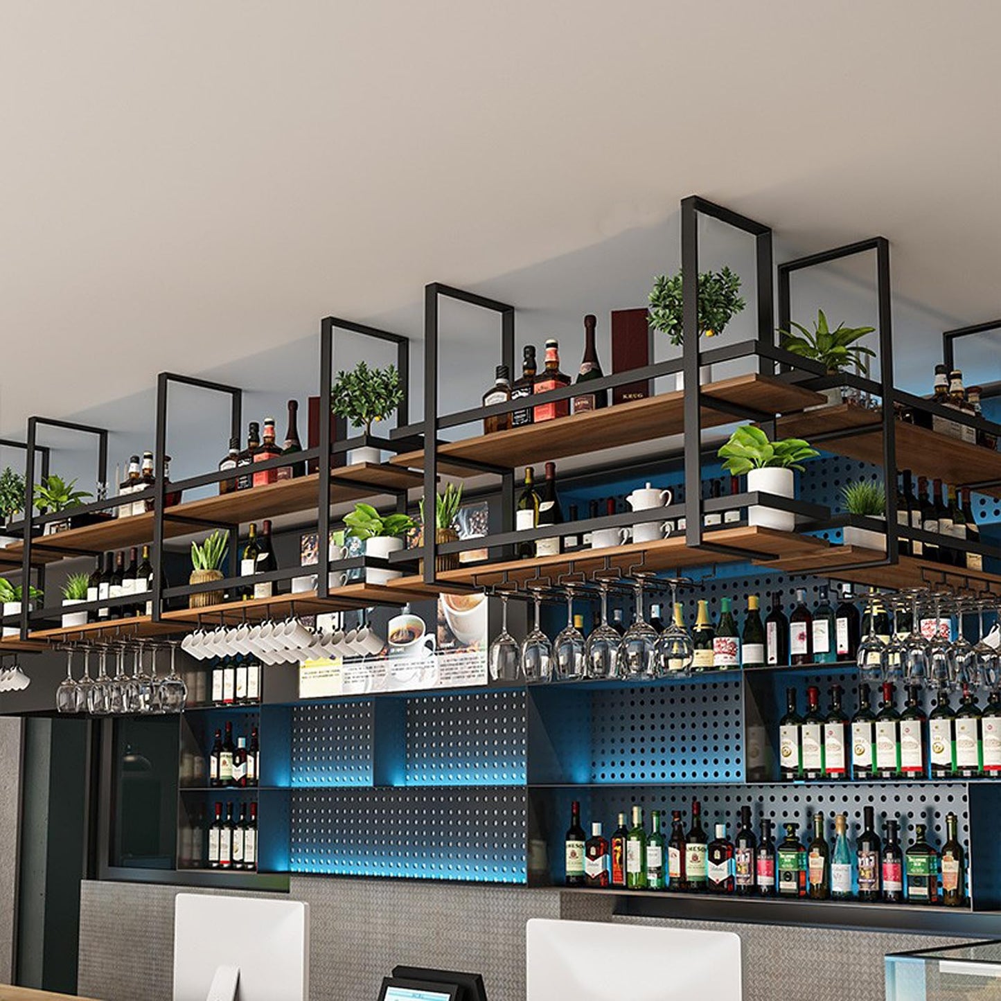 Large Hanging Wine Rack 2-Layer Industrial Hanging Display Wine Storage Holder 160cm
