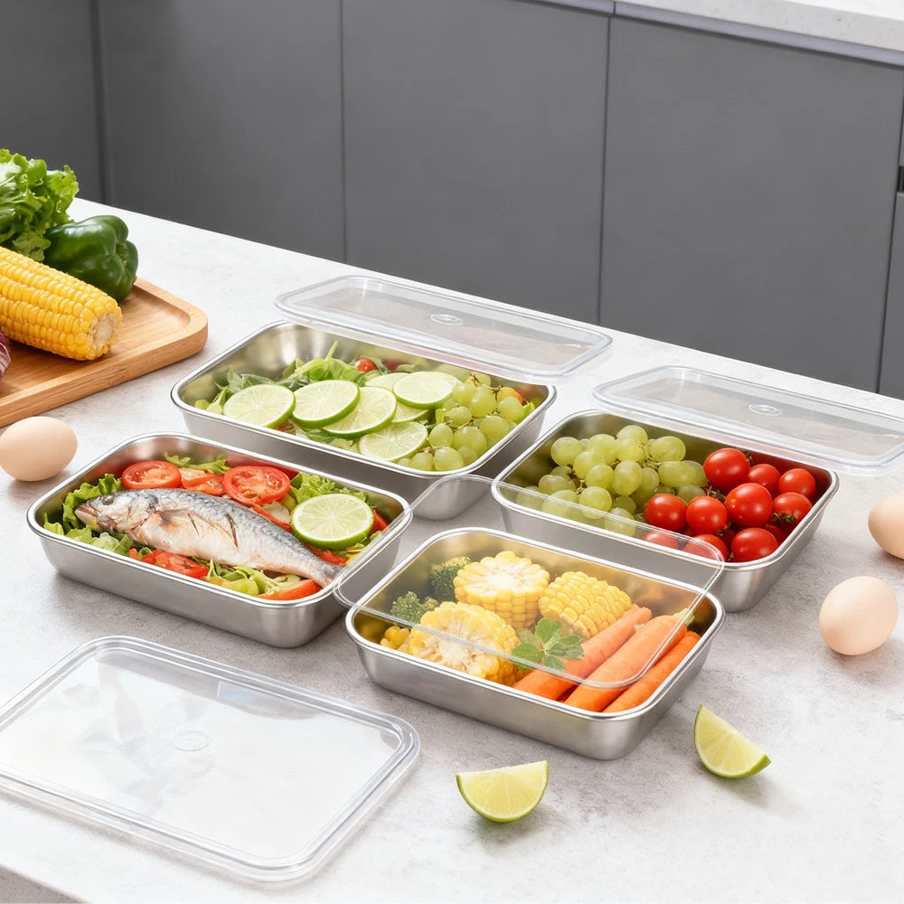 4x Large Food Storage Box Container Fresh-Keeping Box Stainless Steel With Lids