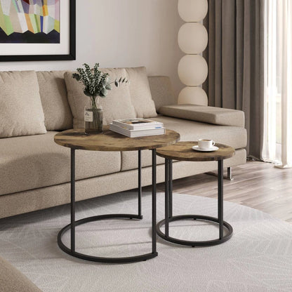 Set of 2 Nesting Tables Industrial Round Side Tables w/ Steel Frame Stacking