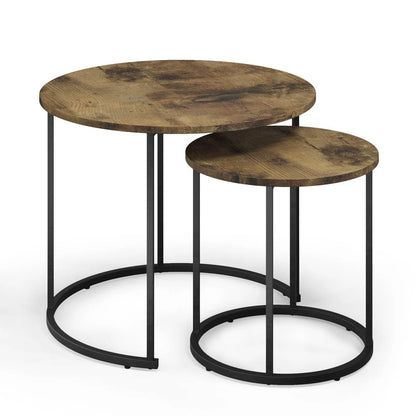 Set of 2 Nesting Tables Industrial Round Side Tables w/ Steel Frame Stacking