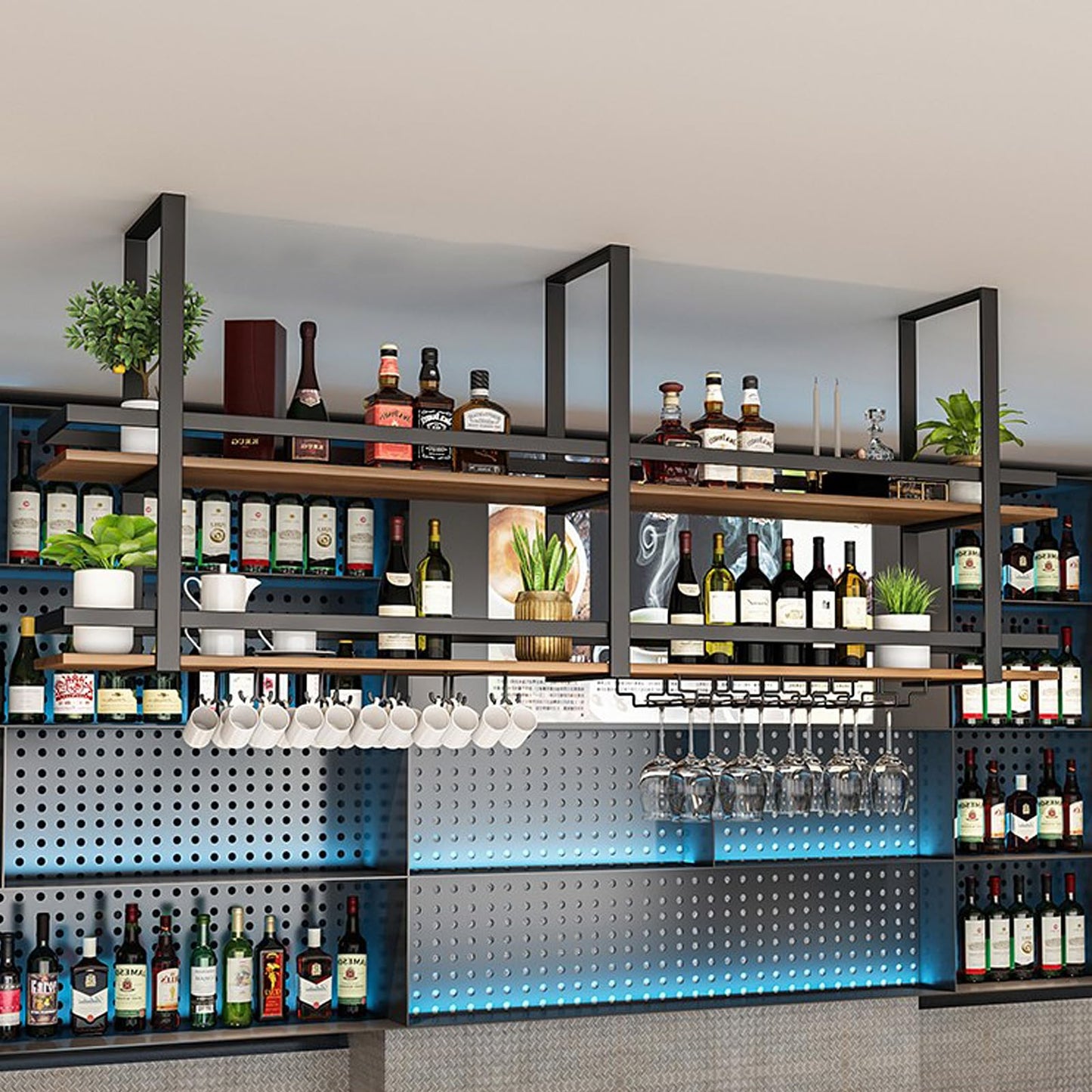 Large Hanging Wine Rack 2-Layer Industrial Hanging Display Wine Storage Holder 160cm