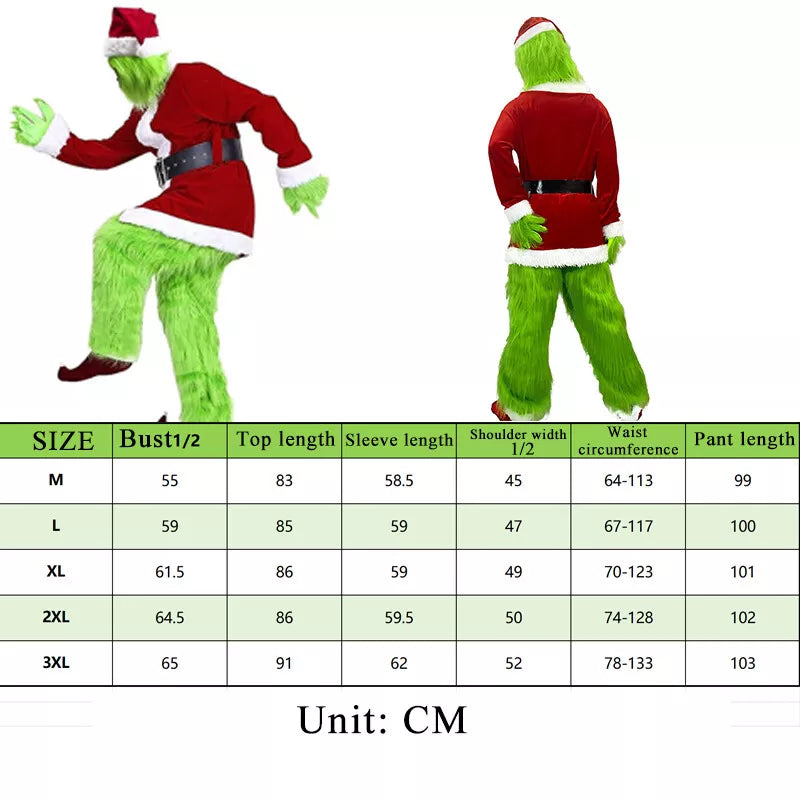 The Grinch Costume Mask Cosplay Adult Christmas Santa Suit Fancy Dress Outfit UK