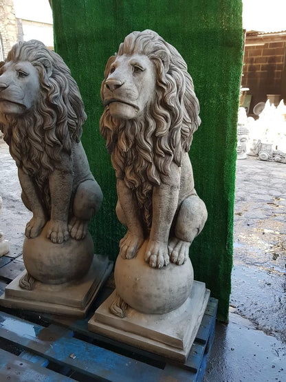 Large Pair Of Stone Lion on Ball Concrete Statue Garden Ornament Sculpture Heavy