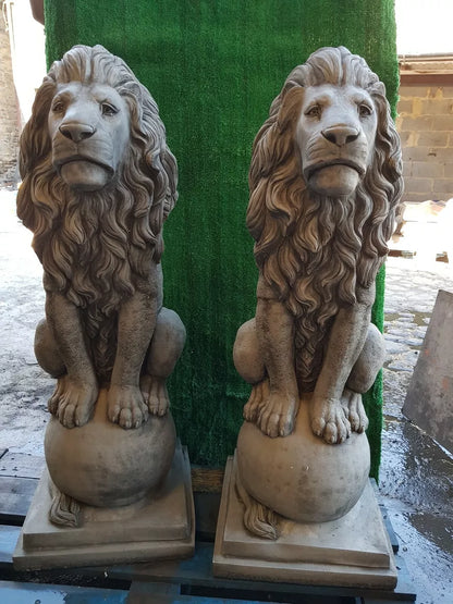 Large Pair Of Stone Lion on Ball Concrete Statue Garden Ornament Sculpture Heavy